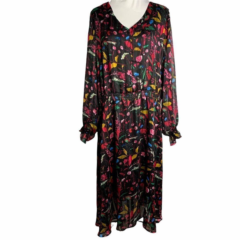 Nordic Tricot Chiffon Midi Dress XL Black Multi Floral Sheer Ivana Helsinki